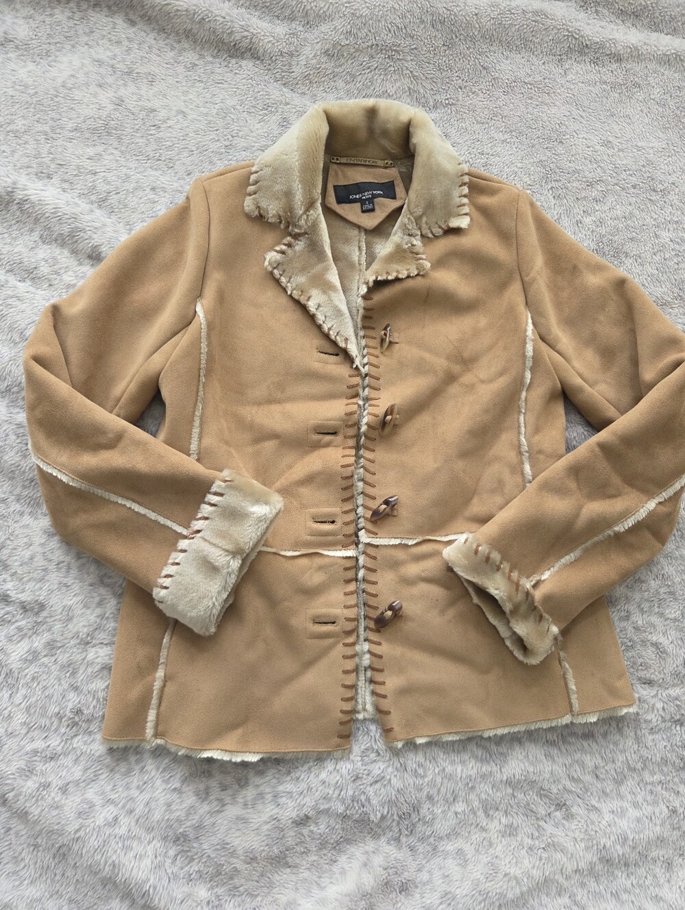 Jones New York Petite Faux Shearling Penny Lane Coat Tan Whipstitch Toggle S
